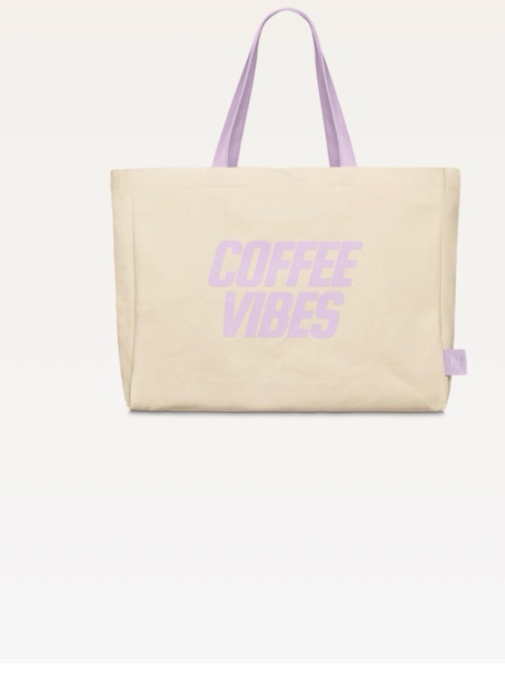 Nespresso Cream Tote with Lavender Handles and Lavender "COFFEE VIBES" Print